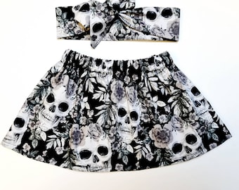 Black Skulls Skirt and Headwrap Cute Baby Set Skull Print Baby Girls Clothes NEW