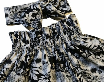 Baby's Rose & Hubble Skulls Skirt and Headwrap Cute Baby Set Skull Print Baby Girls Clothes