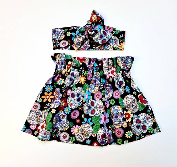 Black Skull High Waisted Skirt and Headwrap Cute Baby Set Black Skull Print Baby Girls Clothes New
