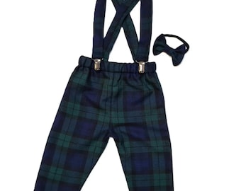 Black Watch Tartan Print Trousers Pants Trews with Braces and Bow Tie Wedding Outfit Birthday party Baby Gift Scottish Tartan