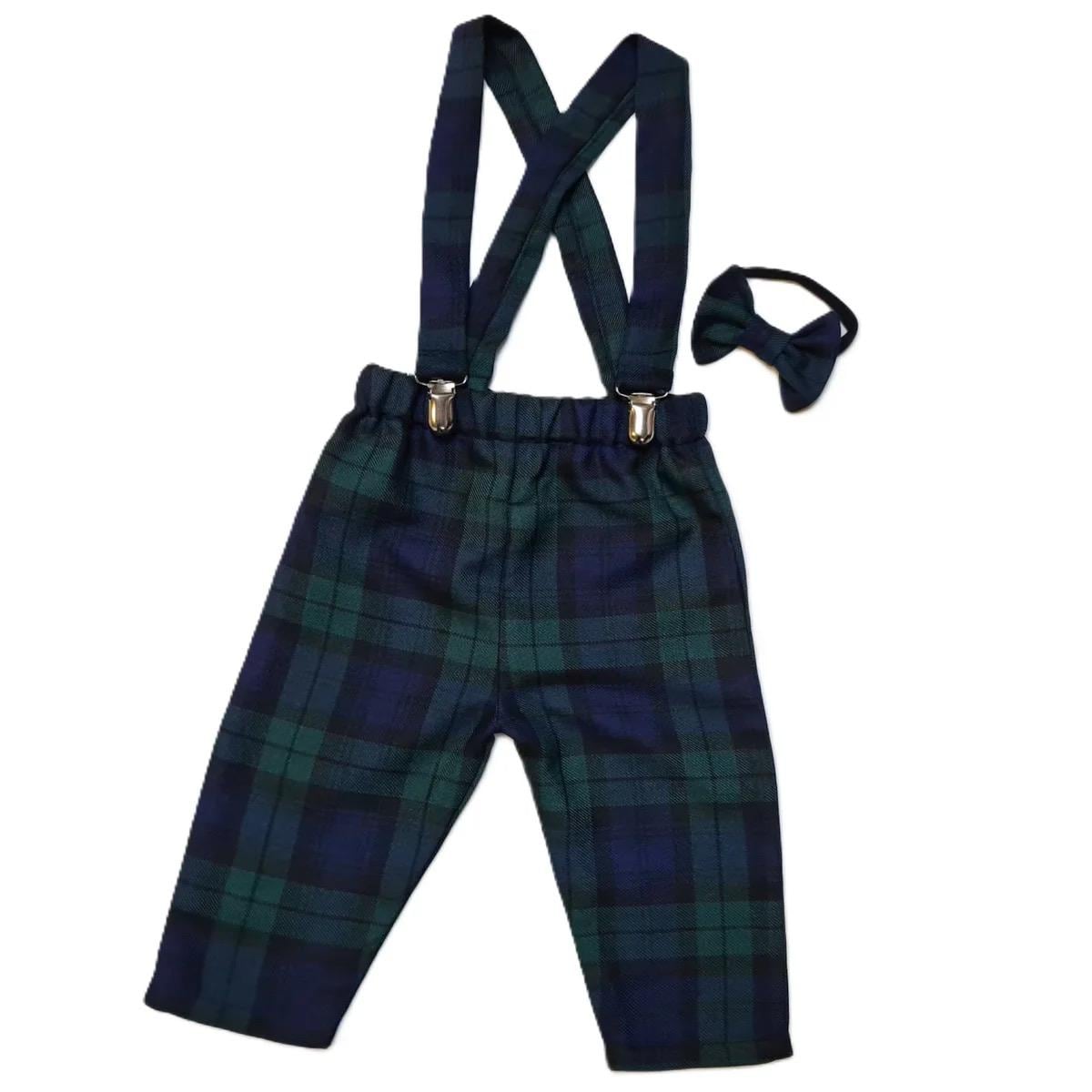 Black Watch Tartan Print Trousers Pants Trews with Braces and Bow Tie Wedding Outfit Birthday party Baby Gift Scottish Tartan