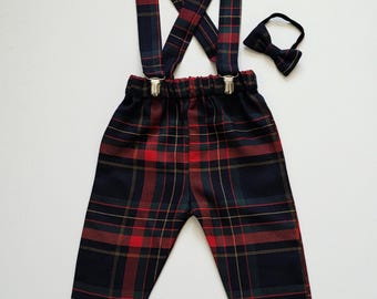 Modern Tartan Print Trousers Pants Trews with Braces and Bow Cute Baby Set Baby Kids Clothes NEW