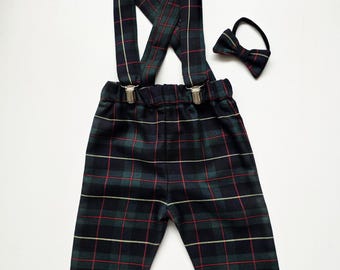 Yellow and Red Tartan Print Trousers Pants Trews with Braces and Bow Cute Baby Set Baby Kids Clothes NEW