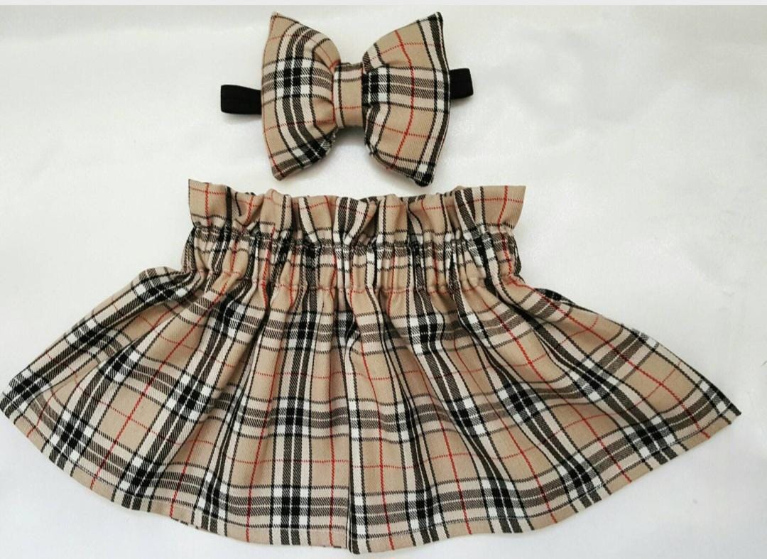 Girls Beige & Black Tartan Check Skirt