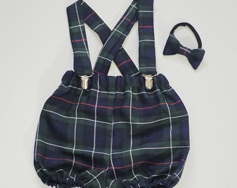 Modern Scottish Tartan Print Bloomer with Braces and Dickie Bow Tie Baby Set Boys Winter Outfit