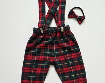 Red and Green Tartan Print Trousers Pants Trews with Braces and Bow Cute Baby Set Baby Kids Clothes NEW