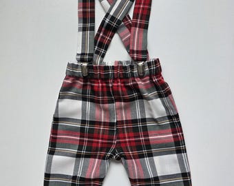 White Tartan Print Trousers Pants Trews with Braces Cute Baby Set Baby kids Clothes NEW