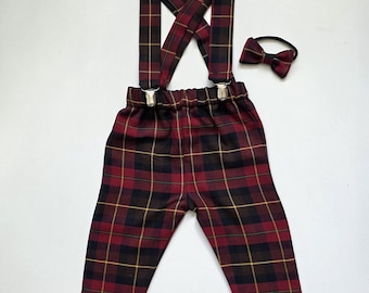 Modern Tartan Print Trousers Pants Trews with Braces and Bow Cute Baby Set Baby Kids Clothes NEW