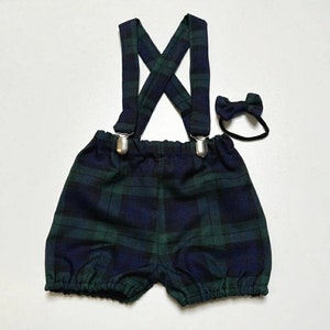Black Watch Tartan Prints  bloomer with Braces and Dickie Bow Bow Tie Cute Baby Set Baby Boys Clothes Winter Xmas outfit NEW