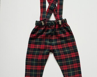 Red and Green Tartan Print Trousers Pants Trews with Braces Cute Baby Set Baby kids Clothes NEW