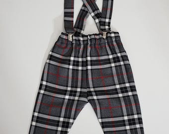 Modern Grey Tartan Print Trousers Pants Trews with Braces Cute Baby Set Baby kids Clothes NEW