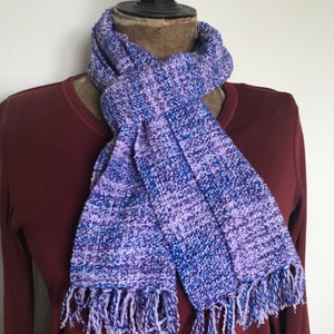 Handwoven Bamboo with mixed fibresScarf in Purples and blues. ready to ship.