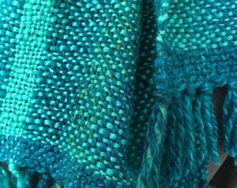 Handwoven 'Fresh Greens' acrylic with wool scarf. Ready to ship.