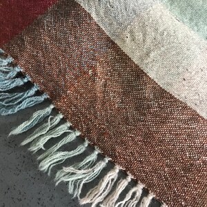 May include: A brown, beige, and blue woven throw blanket with fringe on the edges.