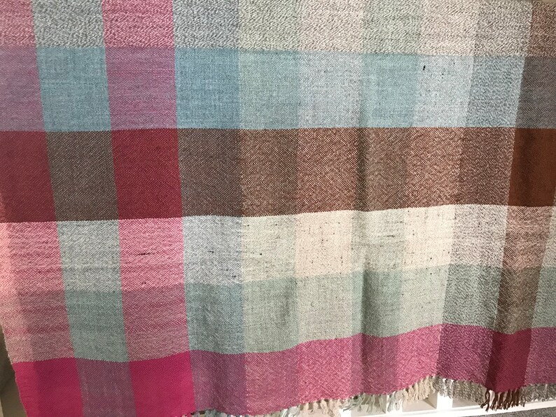 May include: A woven plaid throw blanket with a fringed edge. The blanket features a pattern of pink, red, brown, and blue squares.