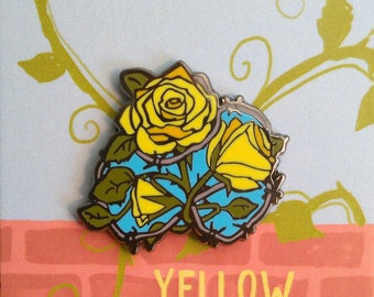 YELLOW ROSE PIN hard enamel with roses flower blue background barbed wire urban natural art gift for goth steampunk punk bright colourful