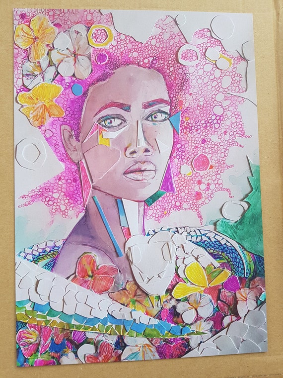 Mother Earth Print Pink Collage Ink Drawing Of Face Etsy