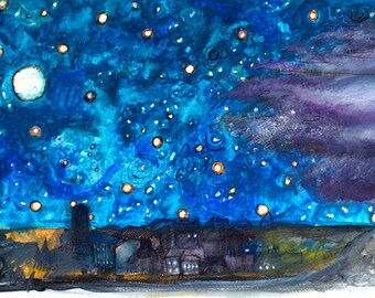 The passing of the storm BLUE ART PRINT night sky stars perfect gift illustration print