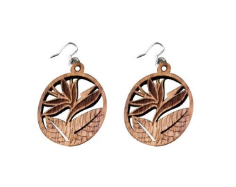 Natural Wood Carved Tropical Hawaiian Wood Bird of Paradise Round Circular Dangle Drop Earring w/ Stainless Steel Ear Wire Hook Design