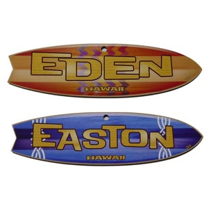 E | Tamanho 8" x 2" Mini Nome pré-impresso personalizado e placa de madeira para pendurar prancha de surfe "Havaí" Easton Eden Edward Eleanor Elena Eli Eliana Elias