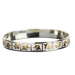 18K Gold Filled & Silver Plated Copper Bangle Hawaiian Style Two Toned Honu Turtle Design Smooth Edge Bracelet (Width: 8mm-12mm)Size 7.5&quot;-9&quot;