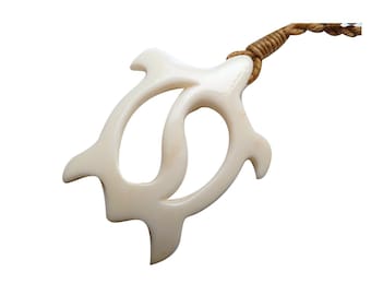 Hand Carved Buffalo Bone Hollow Ying Yang Tribal Sea Turtle Honu Pendant Adjustable Braided Hemp Cord Maori / Hawaii Style Necklace Choker