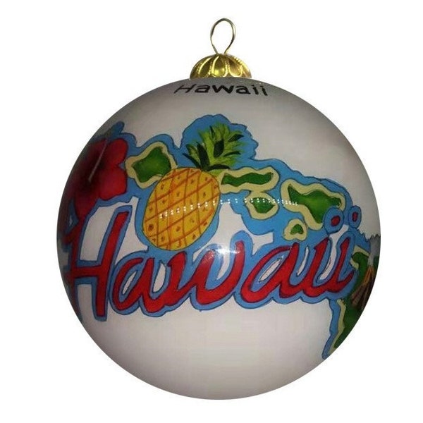 Hand Painted Hawaii State Hibiscus Flower Pineapple Ananas Map Globe Design Mele Kalikimaka Christmas Decoration House Accent Ornament