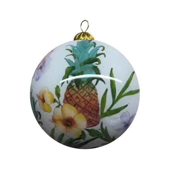 Hand Painted Hawaiian Hibiscus Plumeria Flower Bouquet Pineapple Aloha Hawaii Design Christmas Tree Xmas Decoration House Accent Ornament