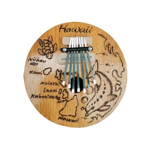 Karimba Mbira Daumen Klavier Kalimba Finger Musikinstrument Handgemacht geschnitzt Natürliches Kokosholz Pyrographie Design Hawaii Insel Karte & Delfin