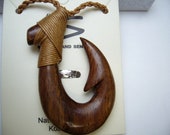 Koa Wood Hand Carved Maui Fish Hook (Manaiakani) Makua Knotted w Adjustable Hemp Cord Rope Hawaiian Polynesian Style Choker Necklace