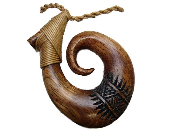 Koa Wood Hand Carved Tattoo Inked Tribal Maui Fish Hook Makau