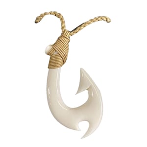 Buffalo Bone Hand Carved Maui Fish Hook Makau Knotted w/ Adjustable Hemp Cord Rope Maori New Zealand Hawaii Polynesia Necklace Choker Design