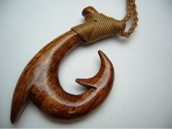 Koa Wood Hand Carved Maui Fish Hook Manaiakani Makua Knotted W
