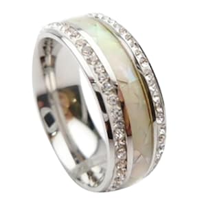 White Opal Stone Cubic Zirconia Crystal Inlay Flat Top Stainless Steel Comfort Fit Ring Hawaiian Style Width: 8mm, Sizes US 5-14