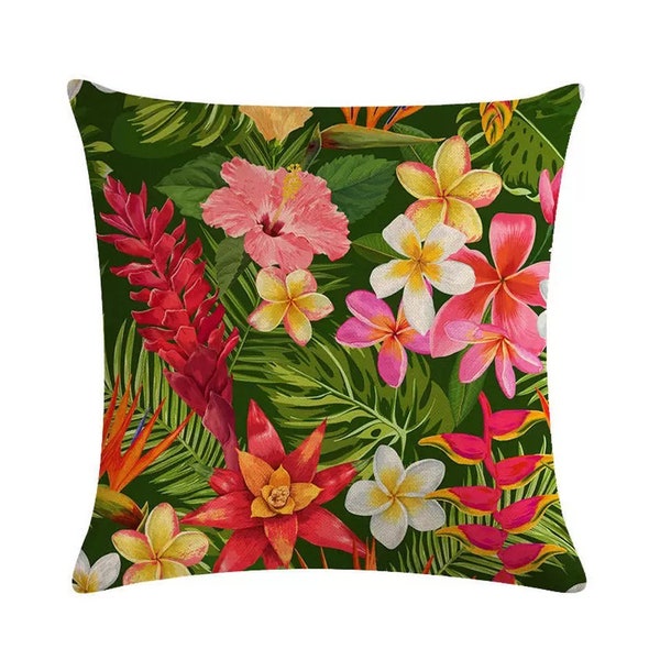 Tropical Hawaii Floral Plumeria Red Ginger Birds of Paradise Heliconia Flower Decorative Cushion Pillow Case Cover 18"X18" Square w/ Zipper