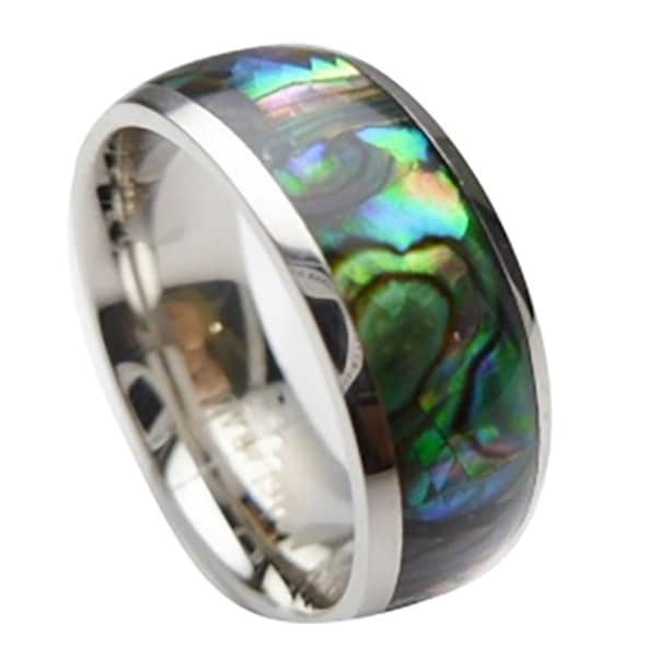 Curved Top Stainless Steel Comfort Fit Paua Abalone Shell Stainless Steel Inlay Hawaiian Ring Width: 8mm, Sizes US 5-14