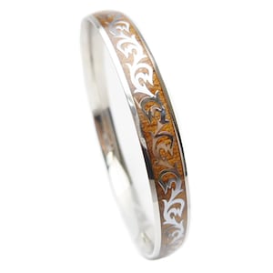 Stainless Steel Comfort Fit Natural Hawaii Koa Wood Inlay with Tribal Wave Hawaiian Curved Top Bangle Bracelet Size: 7.5&quot;, 8mm Width