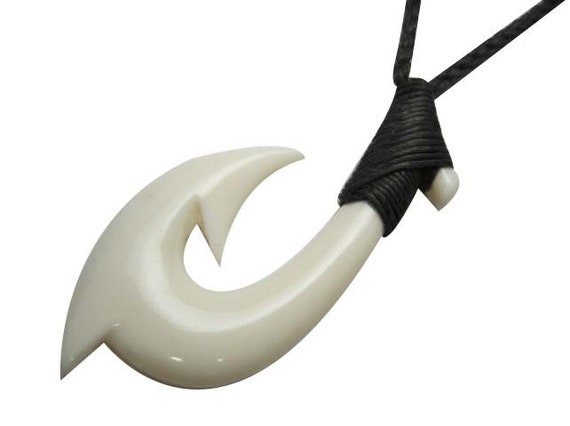 Buffalo Bone Hand Carved Maui Fish Hook Manaiakani Knotted w Adjustable Black Hemp Cord Rope Choker Necklace Maori New Zealand Hawaii Style