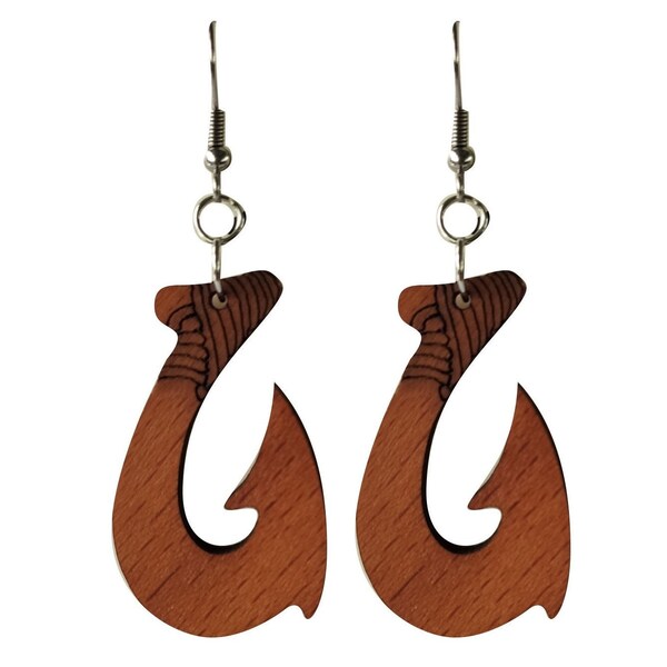 Natural Wood Carved Tropical Hawaiian Maui Fish Hook (Manaiakani) Hei Matau Makua Dangle Earring Hypoallergenic Surgical Steel Light Weight