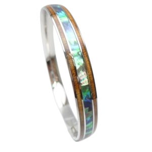 Curved Top Stainless Steel Comfort Fit Natural Hawaii Koa Wood Abalone Shell Inlay Hawaiian Bangle Bracelet (Width: 8mm, 10mm)