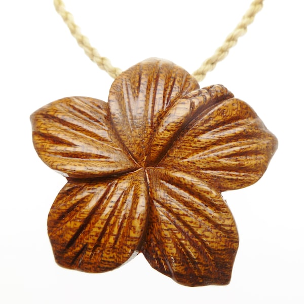 Koa Wood Carved Hibiscus Hawaii State Flower Pendant Charm Necklace w/ Adjustable Brown Hemp Cord Rope Choker Necklace Maori Polynesian