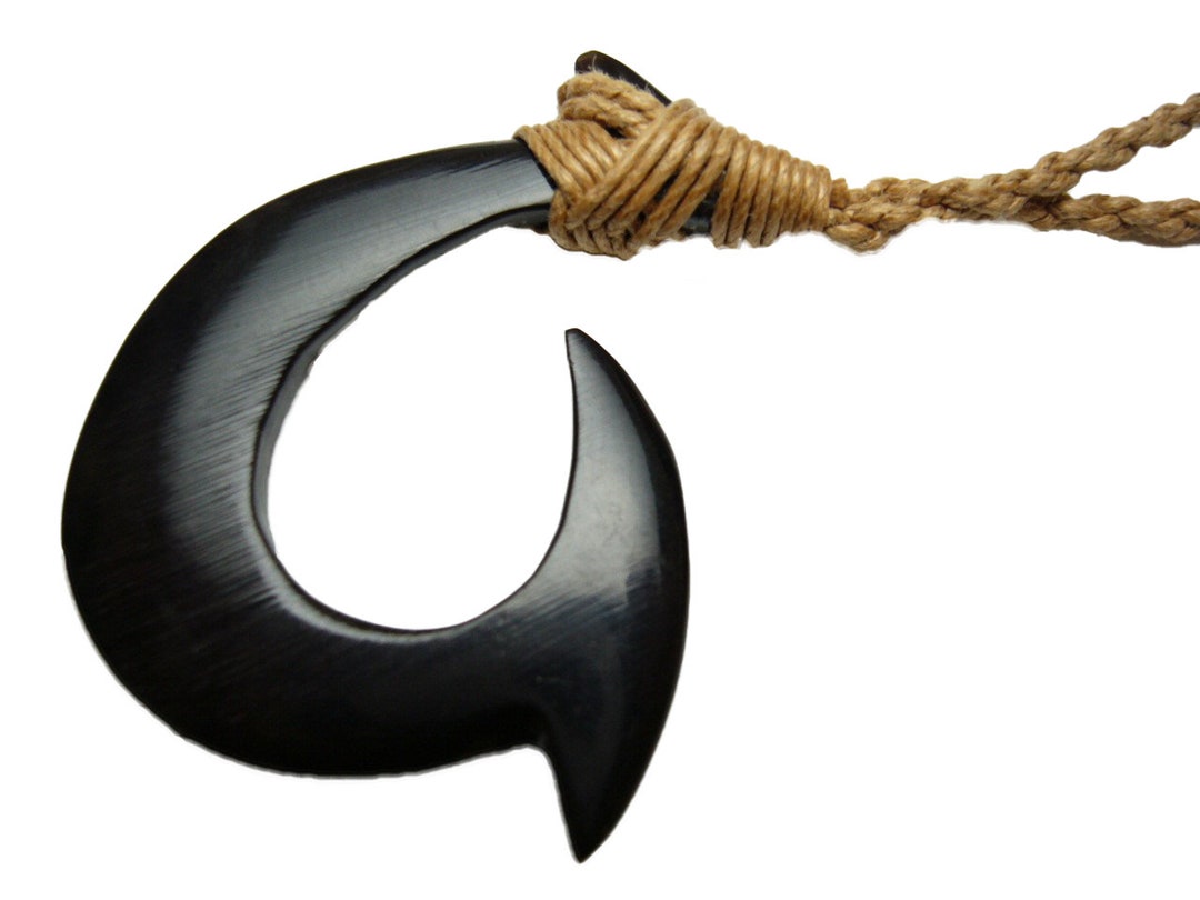 Hawaiian Jewelry Hand Carved Tattoo Fish Hook White Buffalo Bone, Bone Fish Hook