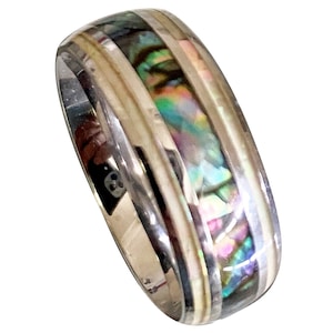 Curved Top Stainless Steel Blue Green Abalone & White MOP Mother of Pearl Shell Inlay Hawaiian Comfortable Fit Ring Width: 8mm, US Size 6-14