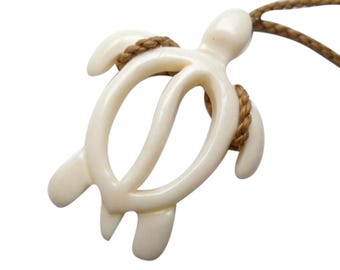 Hand Carved Natural Buffalo Bone Necklace Choker Hollow Tribal Sea Turtle Honu Pendant Adjustable Braided Brown Hemp Cord Maori/Hawaii Style