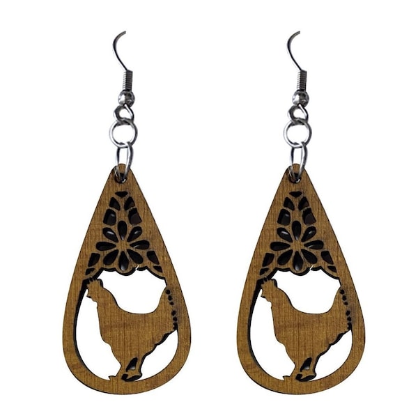 Natural Wood Carved Tropical Hawaiian Kauai Rooster Spirit Animal Teardrop Drop Earring Hypoallergenic Surgical Steel Wire Hook Light Weight