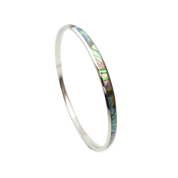 Curved Top Stainless Steel Comfort Fit Natural Hawaii Abalone Paua Shell Inlay Hawaiian Bangle Bracelet (Width: 4mm, 6mm, 8mm, 10mm, 12mm)