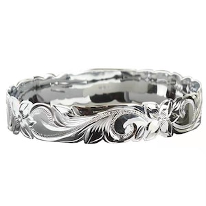 Silber gefüllter Kupfer Armreif im hawaiianischen Stil Plumeria Blume Farn Schriftrolle Design Bogenkanten Armband Breite: 6 mm -28 mm Größe 7,5 &quot;-9,5&quot;