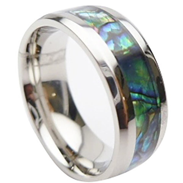 Flat Top Stainless Steel Paua Abalone Shell Stainless Steel Inlay Hawaiian Comfortable Fit Ring Width: 8mm, Sizes US 5-14