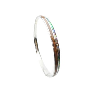Curved Top Stainless Steel Comfort Fit Natural Hawaii Koa Wood Abalone Shell Inlay Hawaiian Bangle Bracelet (Width: 6mm, 8mm, 10mm, 12mm)