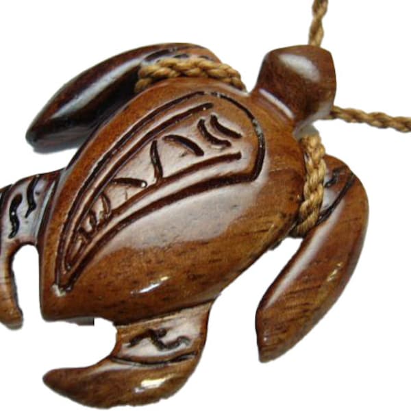 Hand Carved Natural Koa Wood Engraved Sea Turtle Honu Pendant Knotted Adjustable Brown Hemp Cord Maori/Hawaii Style Necklace Choker